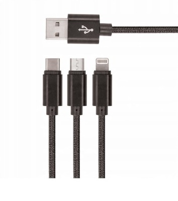 Kabel USB 3 w 1 USB-C, MICRO USB, LIGHTNING oplot