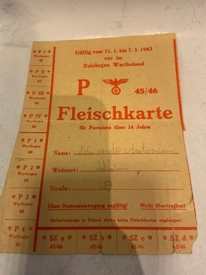 KARTKI NA MIĘSO DOKUMENT NIEMIECKI 1943 R