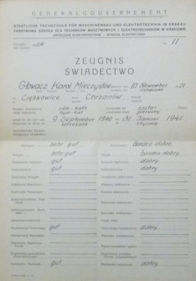 [G.G.] ŚWIADECTWO SZKOLNE /ZEUGNIS ,1941 [G.G.]