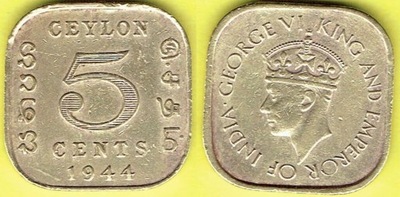 CEYLON 5 Cents 1944 r.