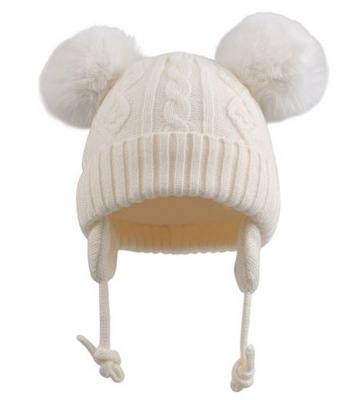 Biała zimowa czapka niemowlęca wiązana 0-6 mscy