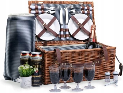 KOSZYK PIKNIKOWY WIKLINOWY KOSZ Z WYPOSAŻENIEM NA PIKNIK ZESTAW DLA 4 OSÓB