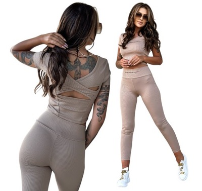 Komplet sportowy damski legginsy i crop top z prążka slim beżowy S