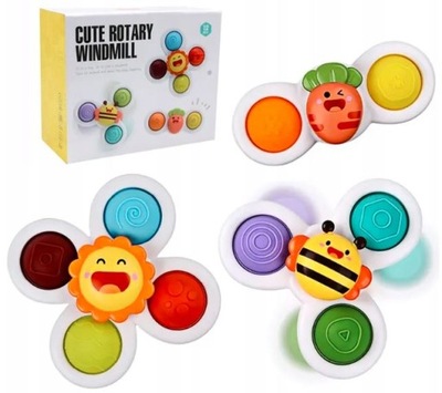 FIDGET SPINNER OBROTOWY Z PRZYSSAWKĄ SENSORYCZNĄ KĄPIEL GRZECHOTKA 3 SZTUKI