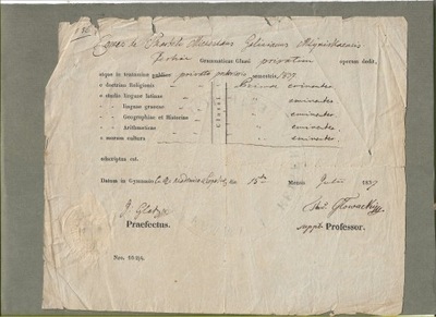 1837 Swiadectwo gimnazjalne COMES DE SKARBEK MIECISLAUS