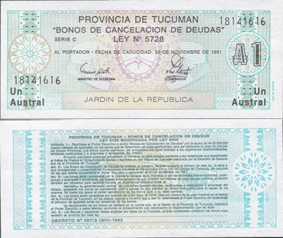 Argentyna Tucuman 1991 - 1 austral -Pick S2711 UNC