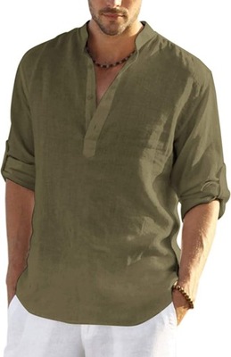 Męska koszula codzienna ze stójką, w kolorze wojskowej zieleni