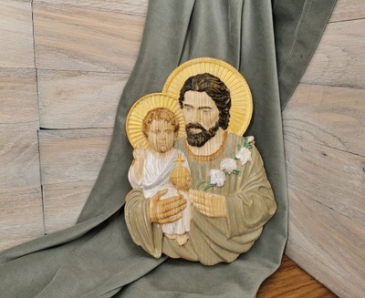 Obraz drewniany ręcznie malowany Święty Józef z Dzieciątkiem Jezus UNIKAT