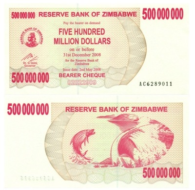 ZIMBABWE 500000000 DOLARÓW 2008 P-60 aUNC I- AC