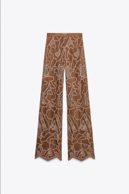 ZARA - SPODNIE Z EFEKTEM ZAMSZU Z KORONKĄ - S