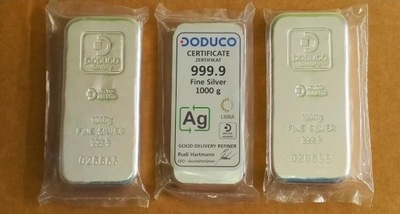 DODUCO Srebro 9999, Sztabka 1000 g, certyf. LBMA