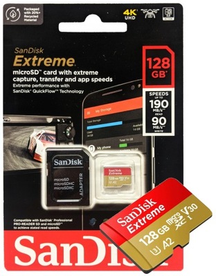 KARTA MICRO SD SANDISK EXTREME 128GB 190/90 V30 A2 4K + ADAPTER