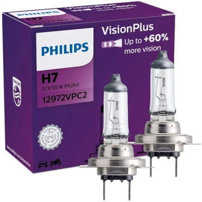 ЛАМПОЧКИ HALOGENOWE H7 PHILIPS VISIONPLUS +60% 12V 55W PX26D 2 ШТУКИ