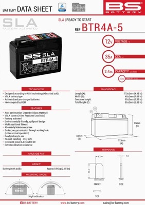 BS АКУМУЛЯТОР BTR4A-5 (FA ) (YTR4A-BS) 12V 2,3AH 113X48X85X BEZOBSŁUGOWY -