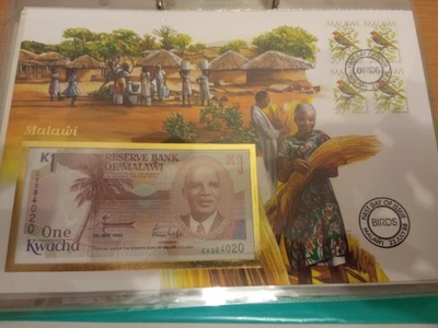 Malawi Koperta Filatelistyczna z Banknotem 1 Kwachastan 1