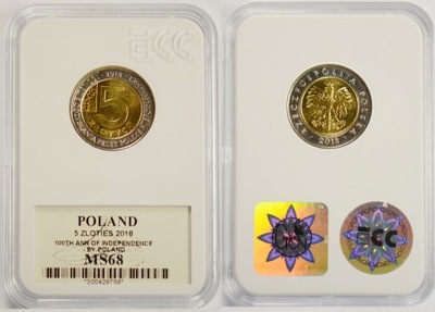 5 ZŁOTYCH 2018 NIEPODLEGŁOŚĆ MS68 GRADING GCN