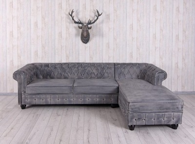 Kanapa Sofa Narożna Chesterfield Welurowa Szara