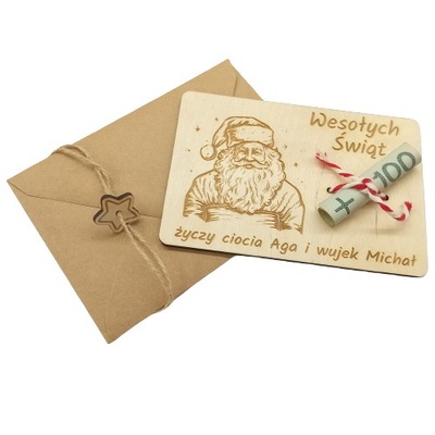 Świąteczny bon voucher karta podarunkowa drewniana z Mikołajem