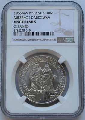 100 ZŁ MIESZKO I DĄBRÓWKA 1966 NGC UNC DETAILS