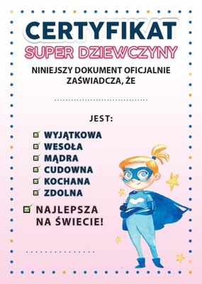 PREZENT Dzień Kobiet Certyfikat Superdziewczyny A4