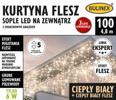 Kurtyna sople 100 LED FLESZ zewnętrzna z dod. gniazdem, 4,8m, ciepły biały