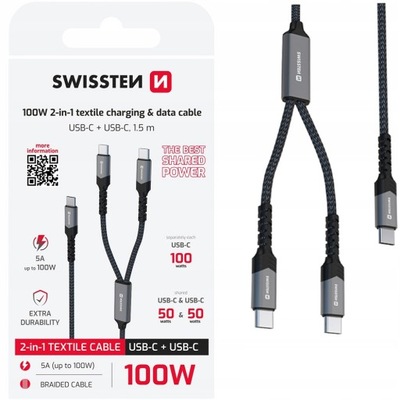 SWISSTEN Kabel do ładowania w oplocie 2w1 USB-C / 2x USB-C 100 W 1,5M