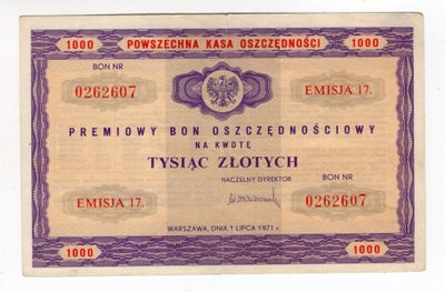 Bon Oszczędnościowy PKO 1000 zł 1971