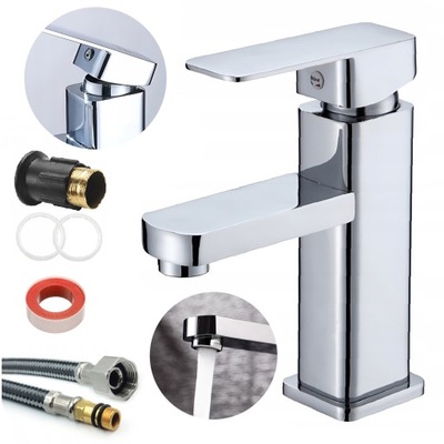 BATERIA UMYWALKOWA STOJĄCA CHROM CUBIC Z WĘŻYKAMI I ZESTAWEM MONTAŻOWYM