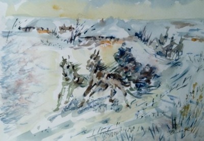 Akwarela Obraz Pejzaż zimowy Kulig