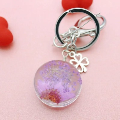 floral keychain Women Real Dried Flower Oval Resin Keychain Sweet Rose 