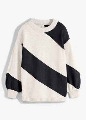 Sweter pasy czarno-beżowy wełna NOWY 40 42 44 46 L3*