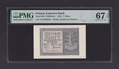 1 złoty, 1941 r. Serja AA, PMG 67 EPQ, 2-ga MAX NOTA