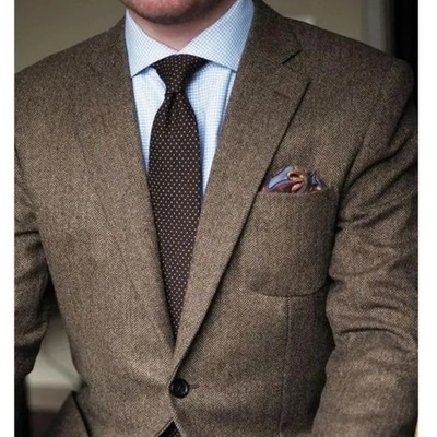 Brown Herringbone Tweed Casual Men Suits for Winte