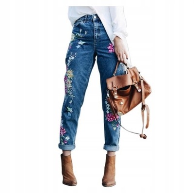 Spodnie damskie jeansy haft naszywki kwiaty M 38