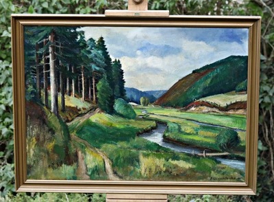 AXEL SORENSEN RANDBOL (1890-1969) - PEJZAŻ Z RZECZKĄ - STARY OBRAZ OLEJNY