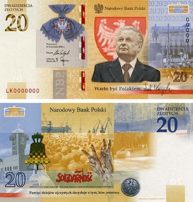 Banknot 20 złotych Lech Kaczyński. Warto być Polakiem z 2021 roku