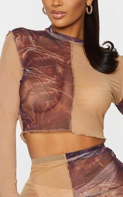 C0E110 BRĄZOWY SIATECZKOWY TOP Z DŁUGIM RĘKAWEM PRETTYLITTLETHING XS