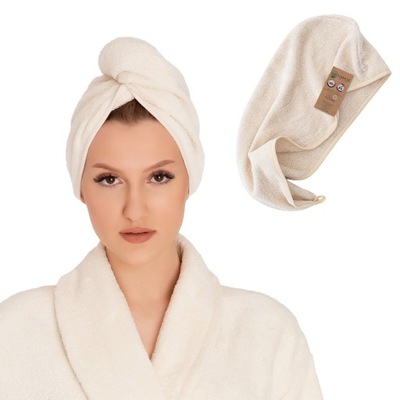 Turban ecru ręcznik do włosów z guzikiem bawełna