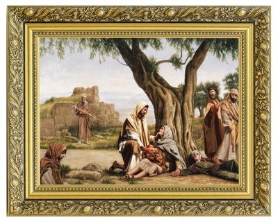 OBRAZ NA PŁÓTNIE | JEZUS POMAGAJĄCY KOBIECIE W ZDOBIONEJ RAMIE | 40x50
