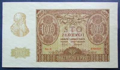 100 zł 1940 rok, seria D, stan 2