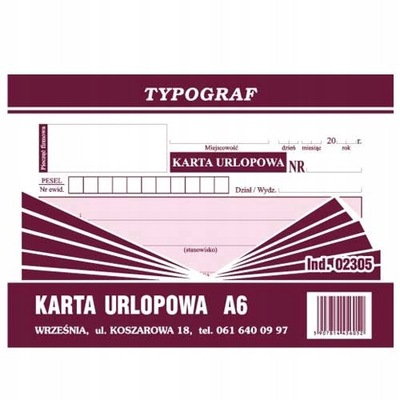 OFFSETOWY PAPIER DRUK FIRMOWY A6 KARTA URLOPOWA