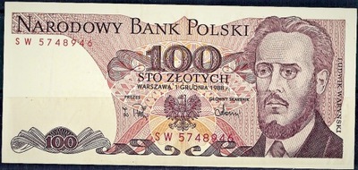 Banknot 100 zł. z 1988 seria SW stan dobry