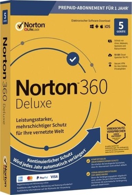 NORTON 360 DELUXE 5 PC 1ROK OCHRONY +SECURE VPN +50GB CLOUD +DARK WEB