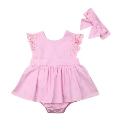 Sukienka niemowlęca bawełniana body różowa koronka 74 80 + opaska