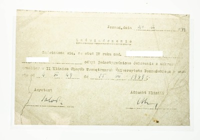 ZAŚW. ODBYCIA KURSU - UNIWERSYTET POZNAŃSKI 1949