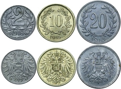 Austria zestaw 3 monet 2 10 i 20 Heller 1915-1918