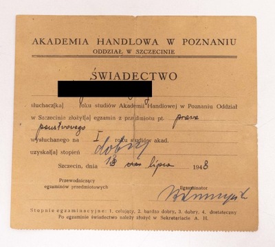 ŚWIADECTWO AKADEMIA HANDLOWA POZNAŃ SZCZECIN 1948