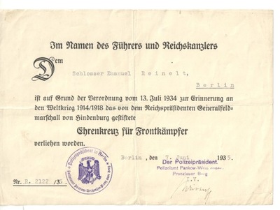 Przyznanie odznaczenia dla żołnierza wojny światowej 1914/18 - Berlin 1935