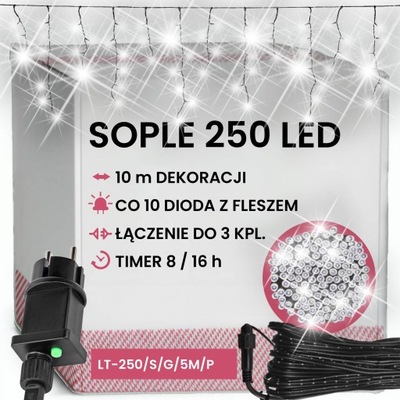 LAMPKI SOPLE LED ZEWNĘTRZNE 250 LED 10m GĘSTE FLASH TIMER ZIMNE BIAŁE