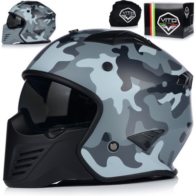 CASCO PARA MOTOCICLETA | VITO BRUZANO CAMO | ABIERTO + ODPINANA SZCZEKA + TAPAOBJETIVO  